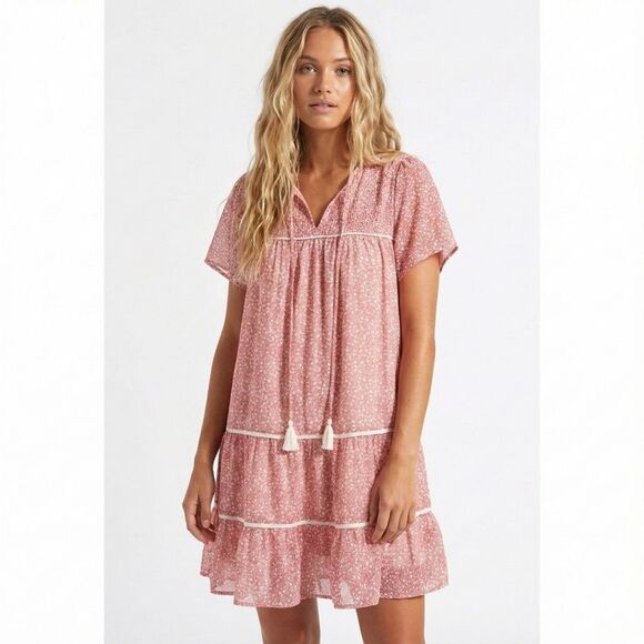 Promesa Dresses & Skirts - Promesa Boho Floral Mini Dress Small Pink Cottagecore Tiered Ruffle Tassel NWOT